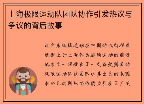 上海极限运动队团队协作引发热议与争议的背后故事
